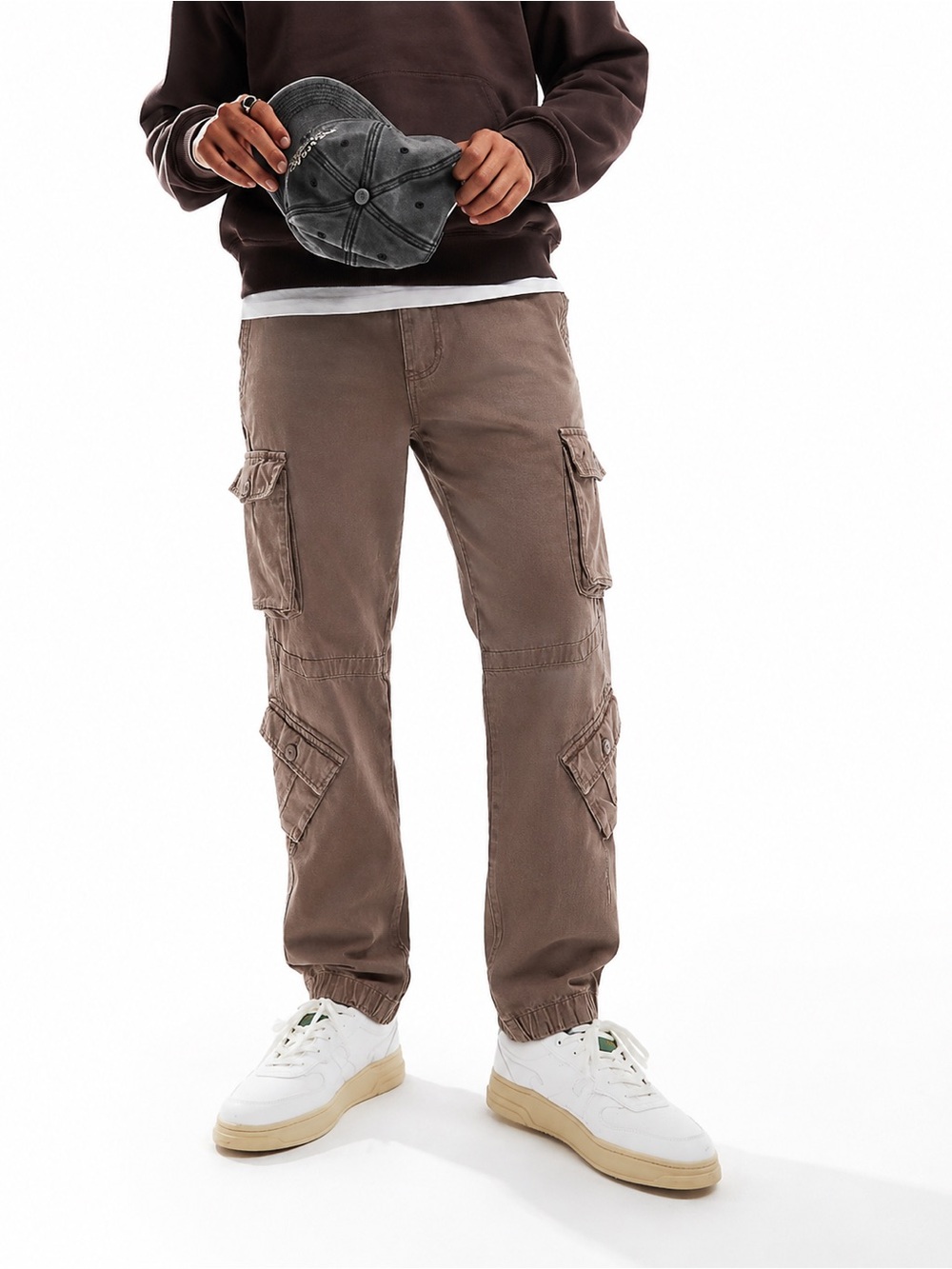 MATCHSTICK Men's Brown Cargo Pants with Utility Pockets